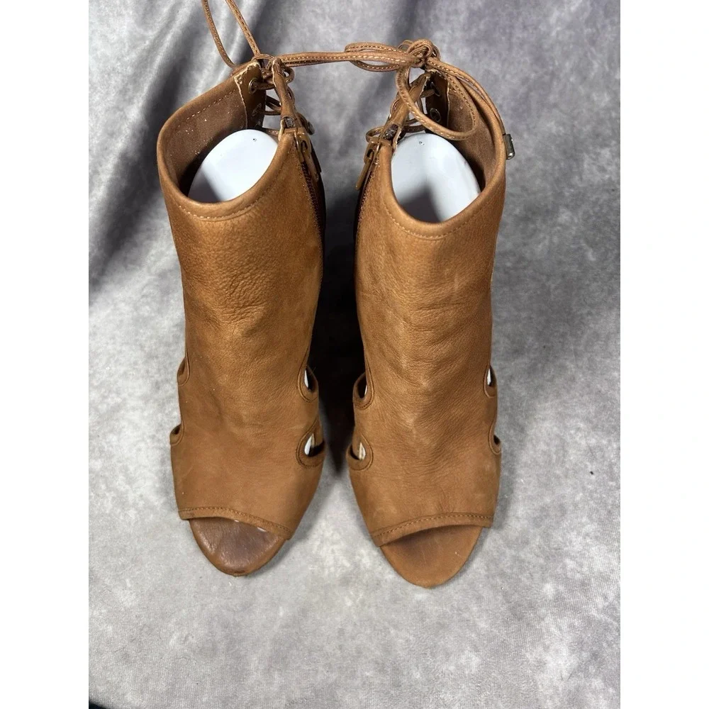 Gianni Bini Brown Leather Lace Up Peep Toe Wedge Booties Women's 9.5M